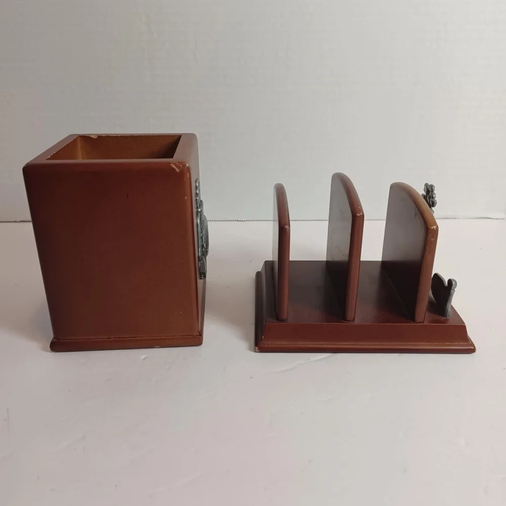 Vtg Desktop‎ Wood and Pewter Mail Organizer And Pen Holder Golf Theme Gift Set